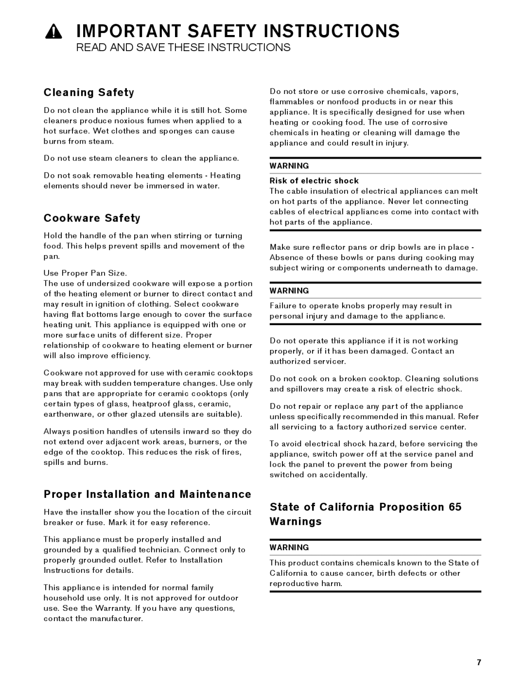 Gaggenau VK 230 714 manual Cleaning Safety, Cookware Safety, Proper Installation and Maintenance, Risk of electric shock 