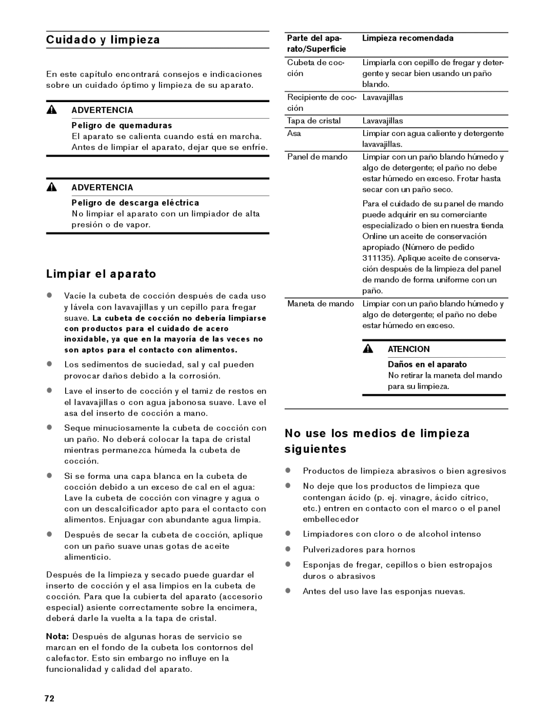 Gaggenau VK 230 714 Cuidado y limpieza, Limpiar el aparato, No use los medios de limpieza siguientes, Daños en el aparato 