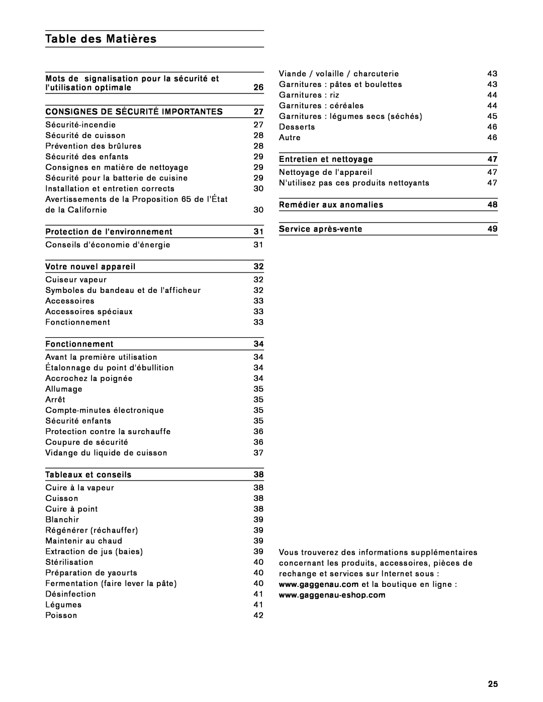 Gaggenau VK 230 714 manual Table des Matières 