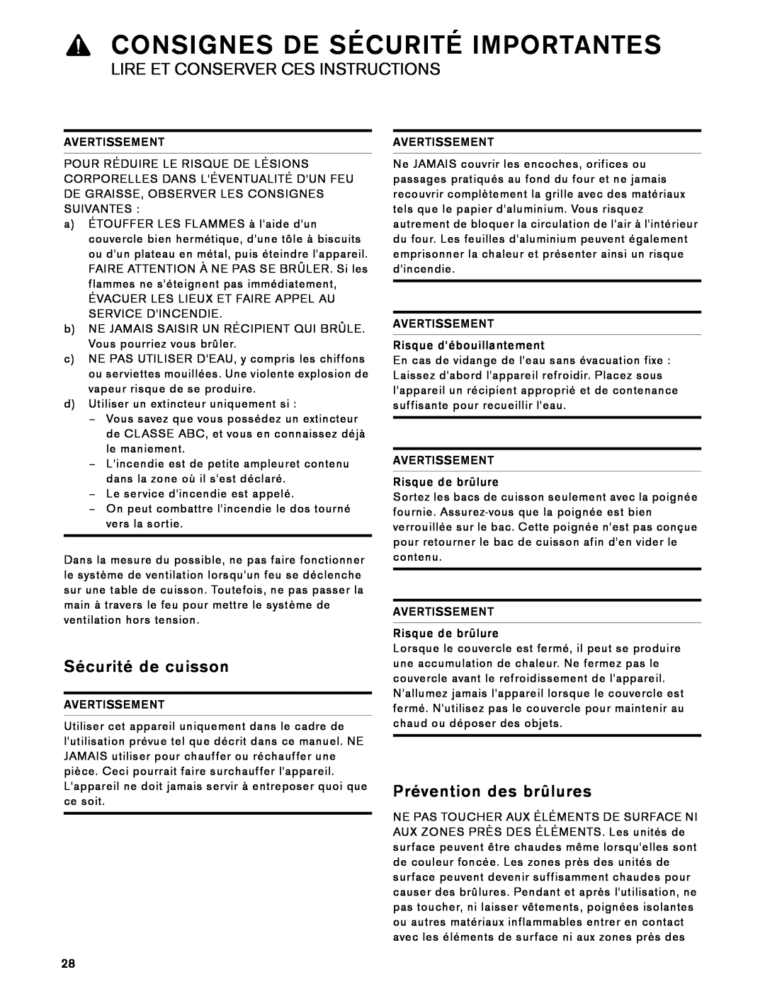 Gaggenau VK 230 714 manual Sécurité de cuisson, Prévention des brûlures, Consignes De Sécurité Importantes 