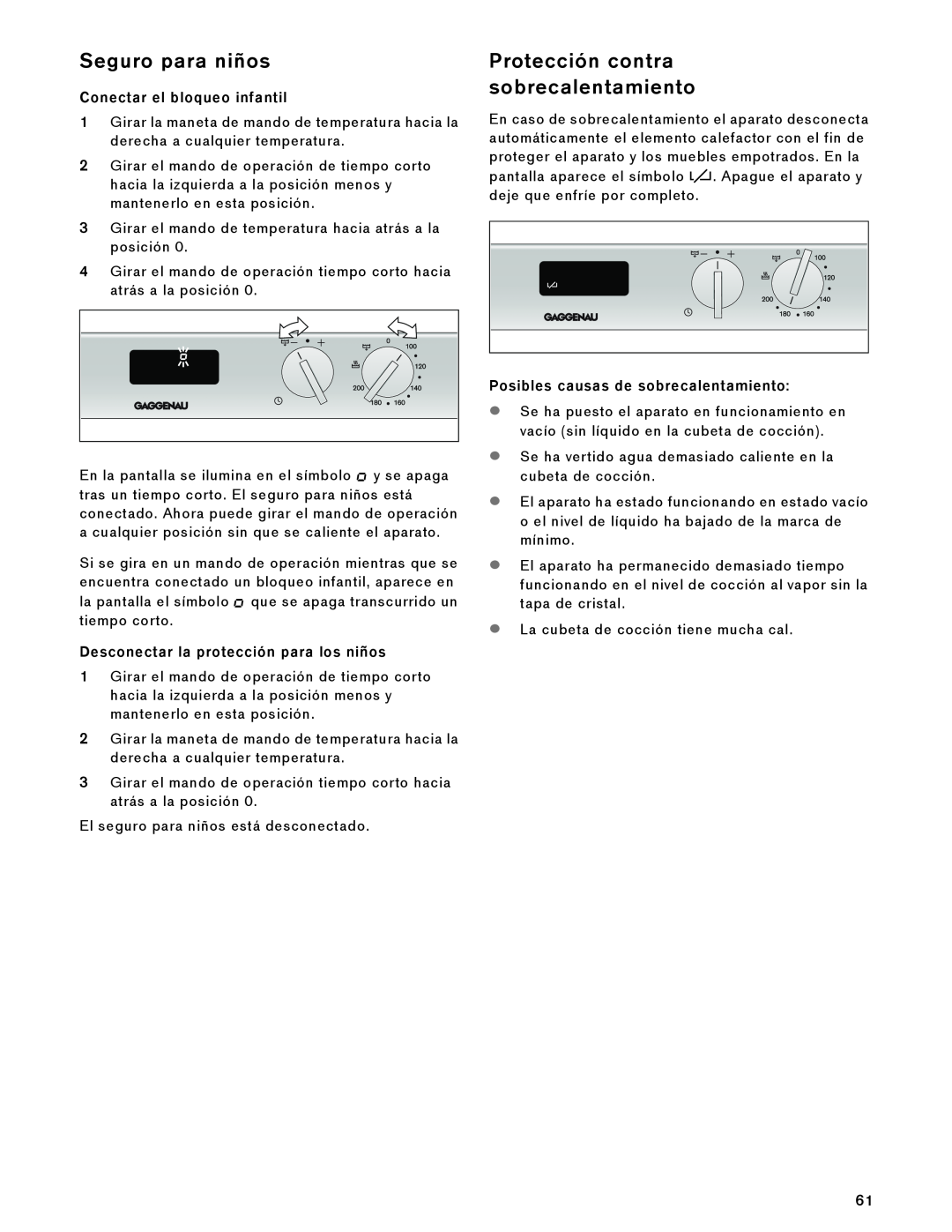Gaggenau VK 230 714 manual Seguro para niños, Protección contra sobrecalentamiento 