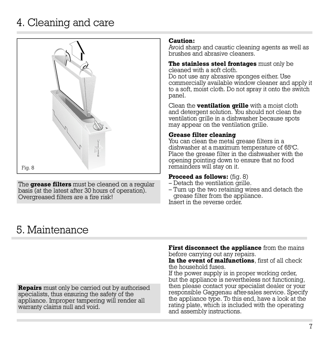 Gaggenau VL 040-107, VL 041-107 manual Cleaning and care, Maintenance 