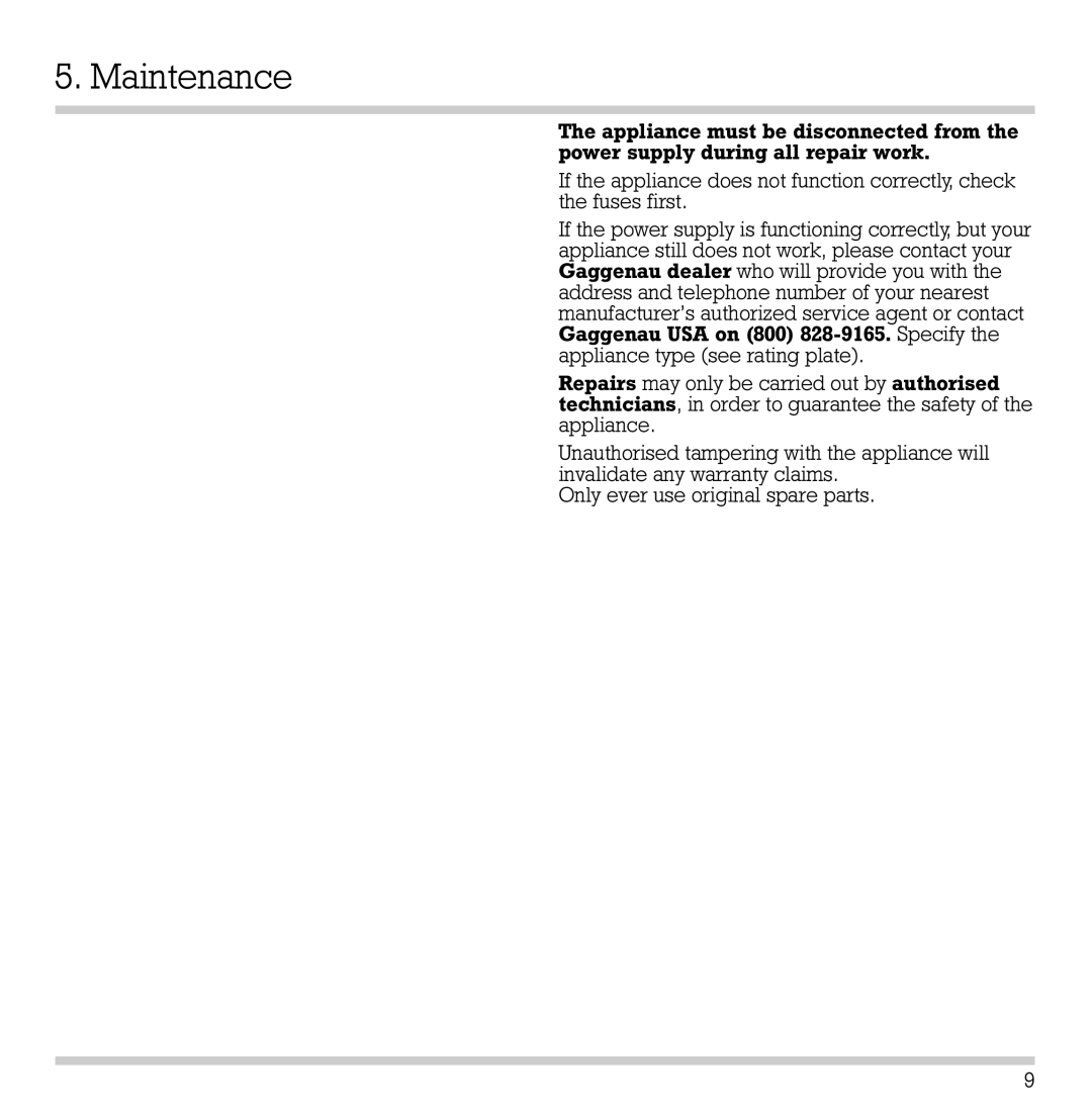 Gaggenau VR 230-612 manual Maintenance 