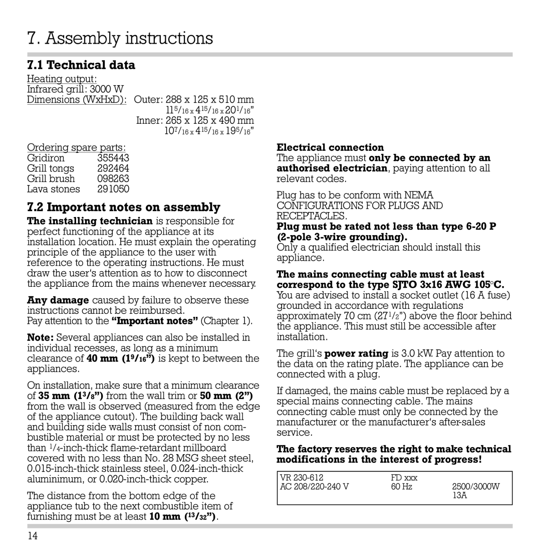 Gaggenau VR 230-612 manual Assembly instructions, Technical data, Important notes on assembly 