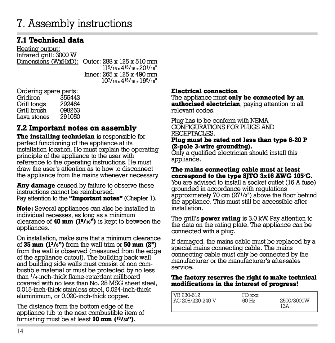 Gaggenau VR 230-612 manual Assembly instructions, Technical data, Important notes on assembly 