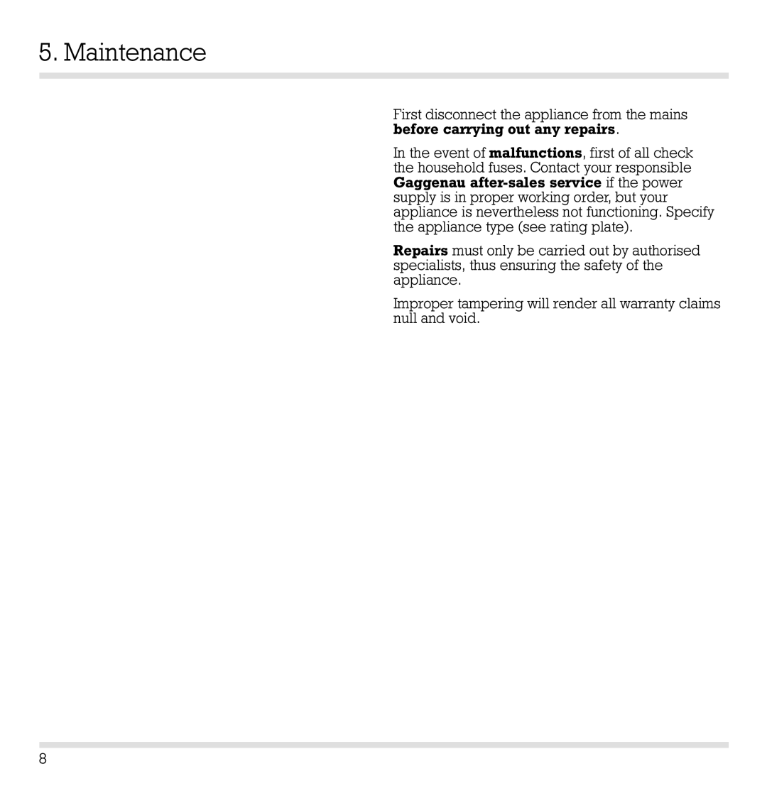 Gaggenau VR 230 manual Maintenance 