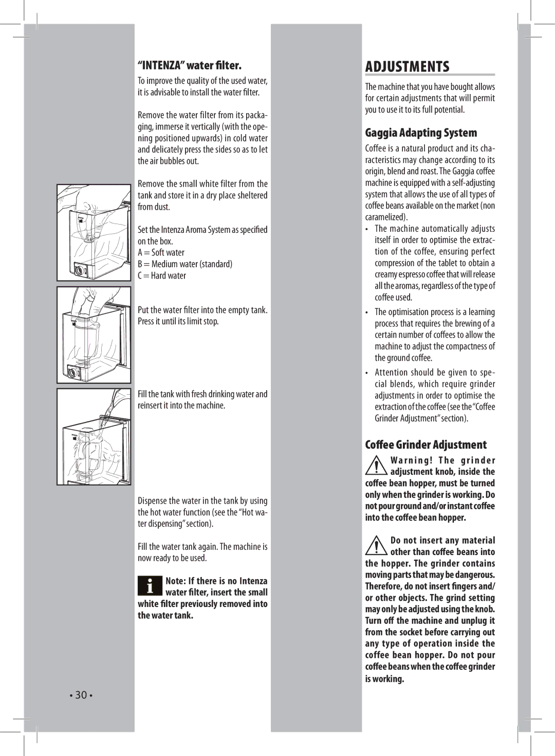 Gaggia 037RG manual Adjustments, Intenza water ﬁlter, Gaggia Adapting System, Coﬀee Grinder Adjustment 