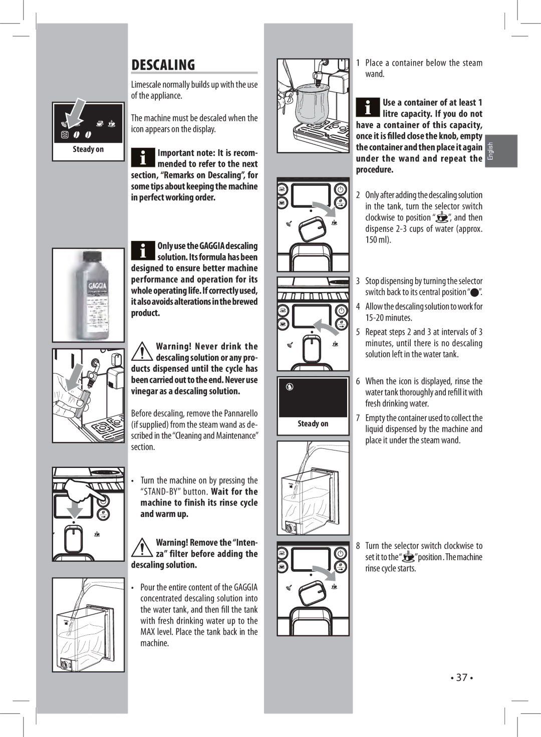 Gaggia 037RG manual Perfect working order, Product Vinegar as a descaling solution, Descaling solution 