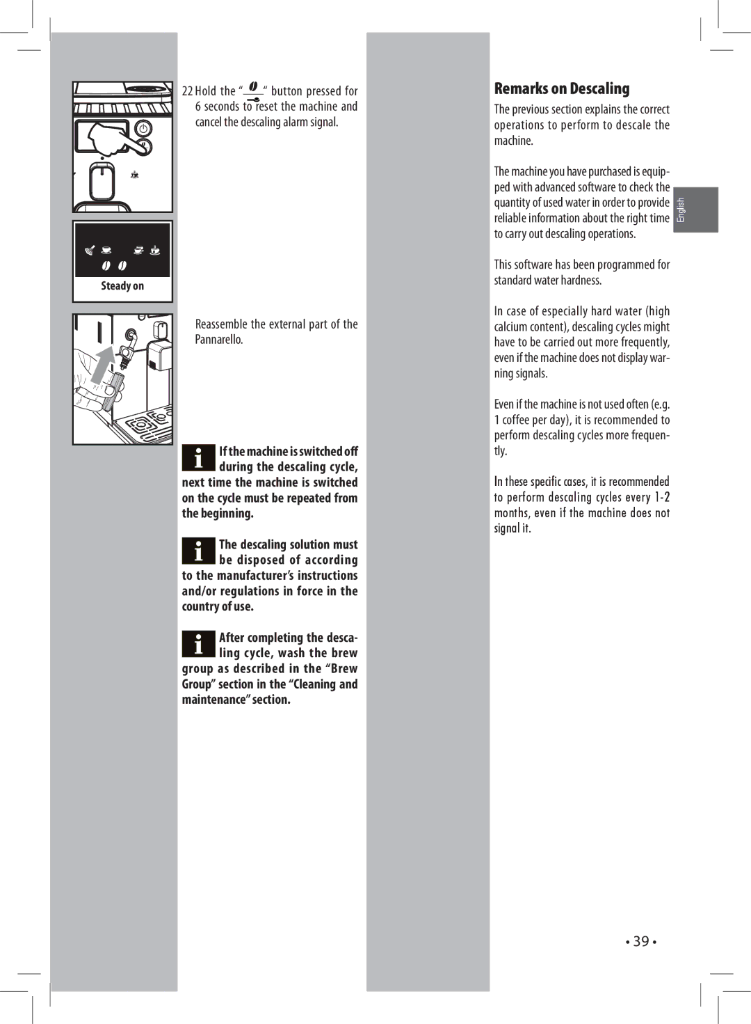 Gaggia 037RG manual Remarks on Descaling, And/or regulations in force in the country of use, Maintenance section 