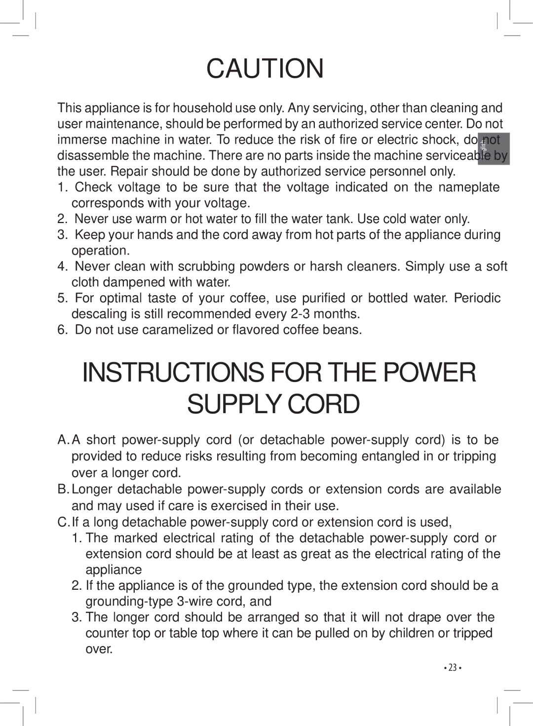 Gaggia 037RG manual Instructions for the Power Supply Cord 