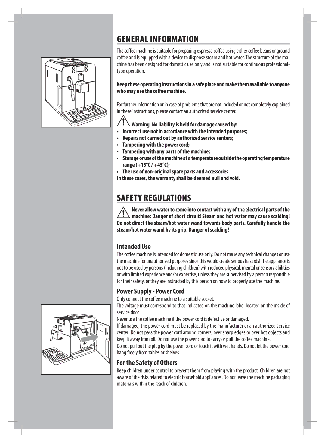 Gaggia 037RG General Information, Safety Regulations, Intended Use, Power Supply Power Cord, For the Safety of Others 