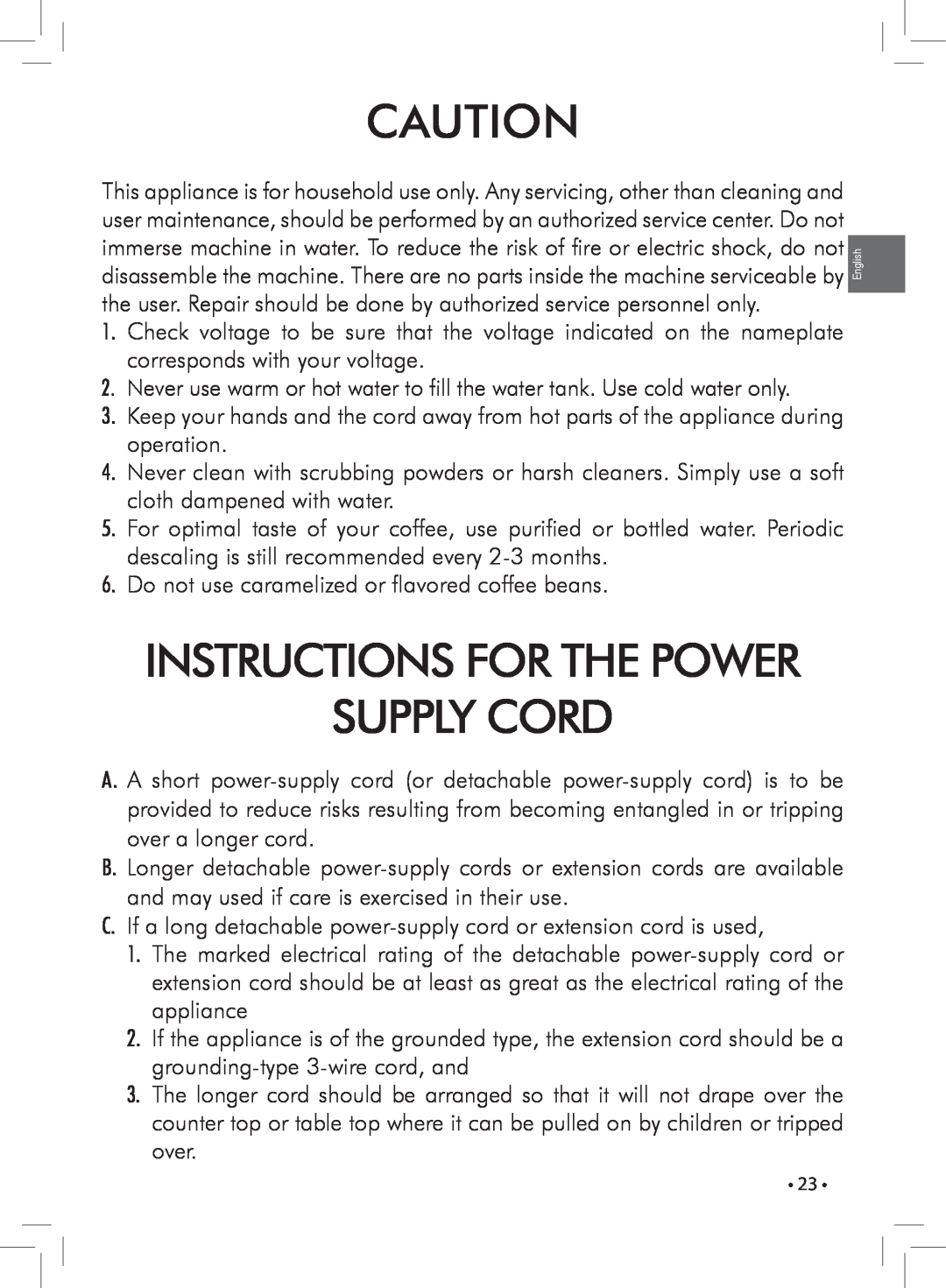 Gaggia 037RG manual Instructions For The Power Supply Cord 