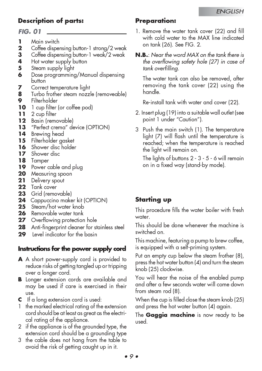 Gaggia 14101-8002, 12300-8002 manual Description of parts, Instructions for the power supply cord, Preparation, Starting up 