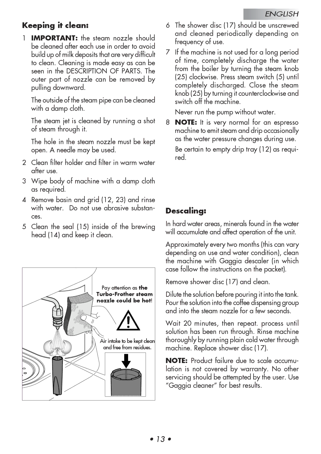 Gaggia 14101-8002, 12300-8002 manual Keeping it clean, Descaling, Remove shower disc 17 and clean 
