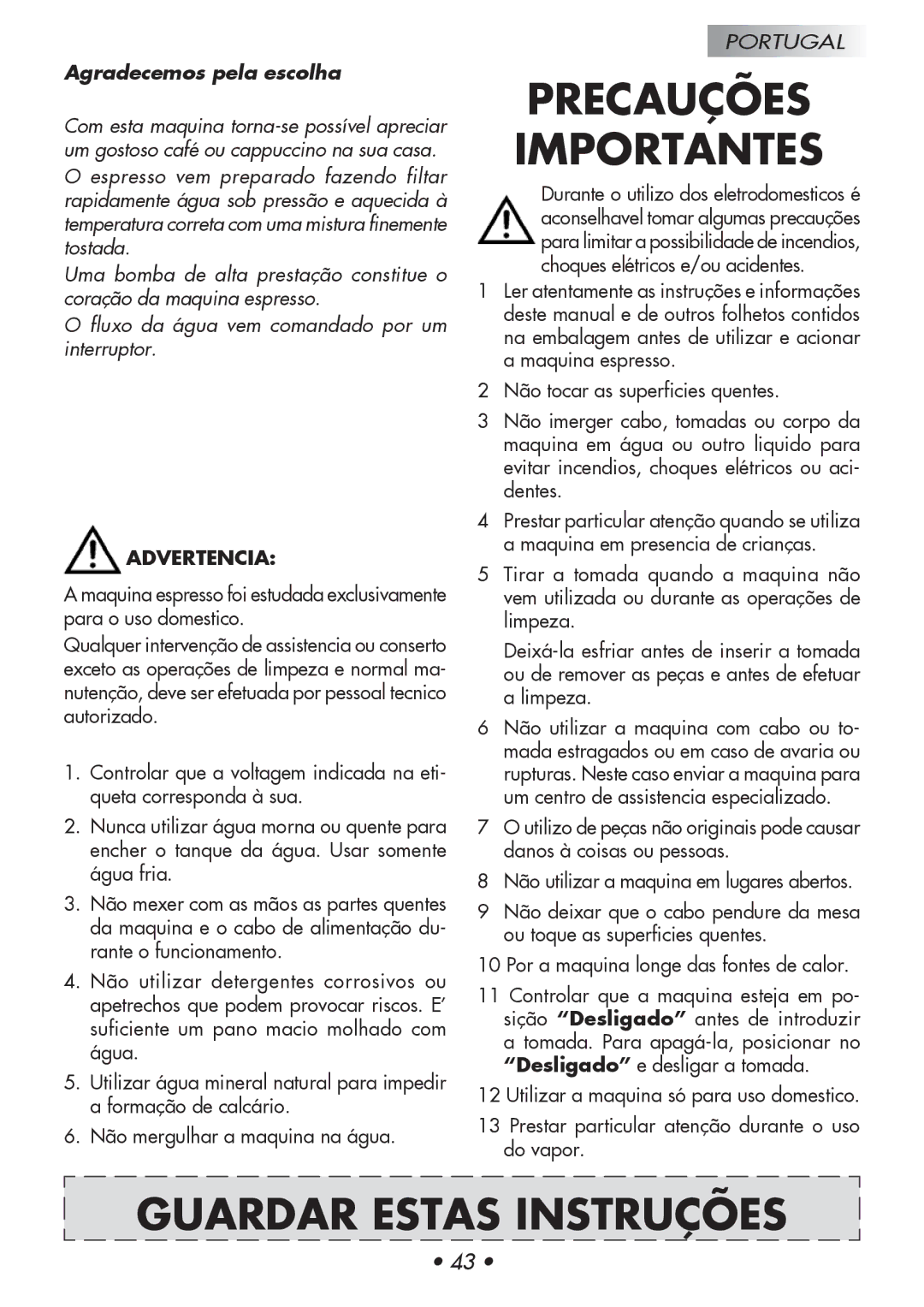 Gaggia 14101-8002, 12300-8002 manual Precauções Importantes, Guardar Estas Instruções, Agradecemos pela escolha 