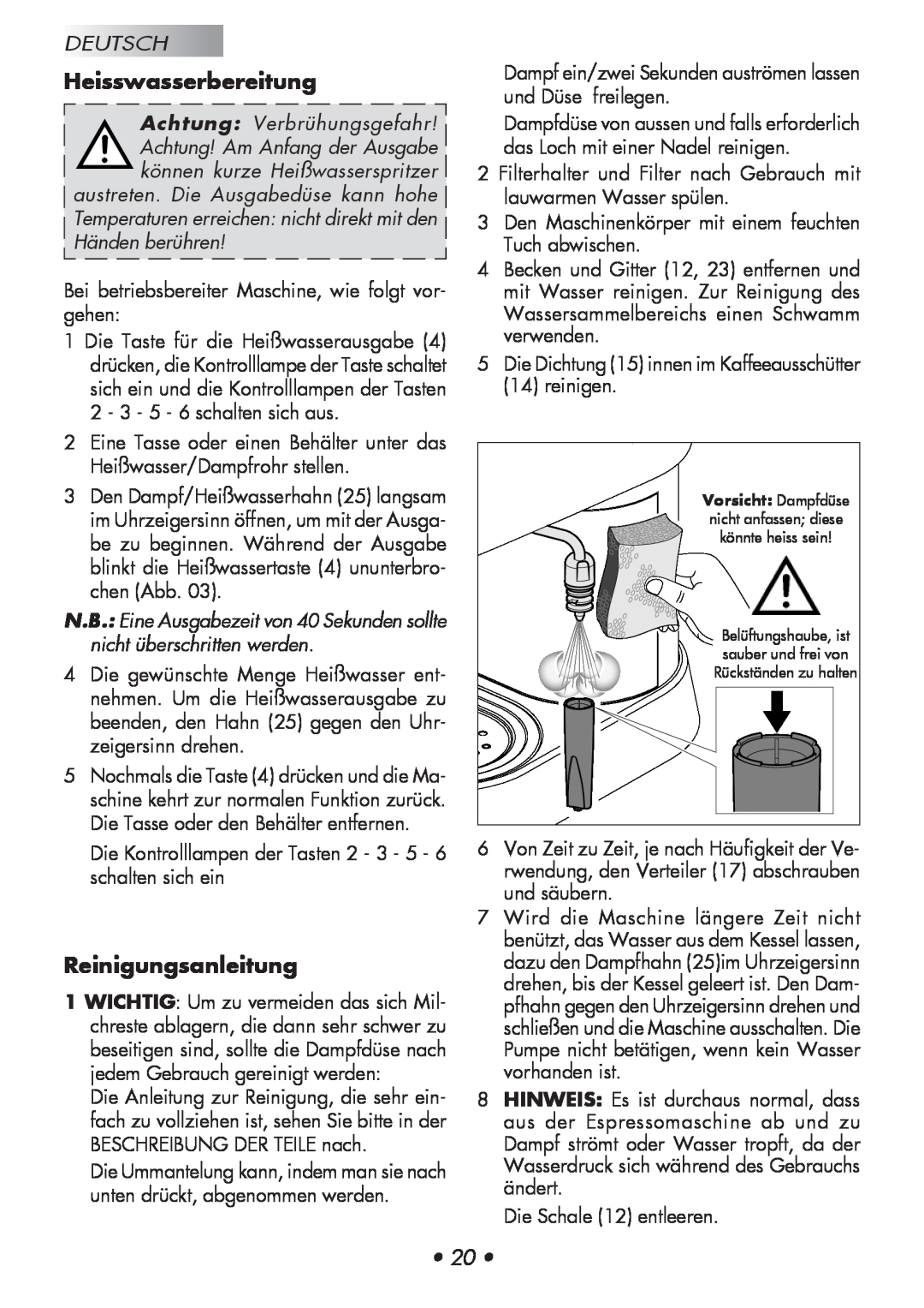 Gaggia 12300-8002, 14101-8002 manual Heisswasserbereitung, Reinigungsanleitung, Deutsch, Händen berühren 