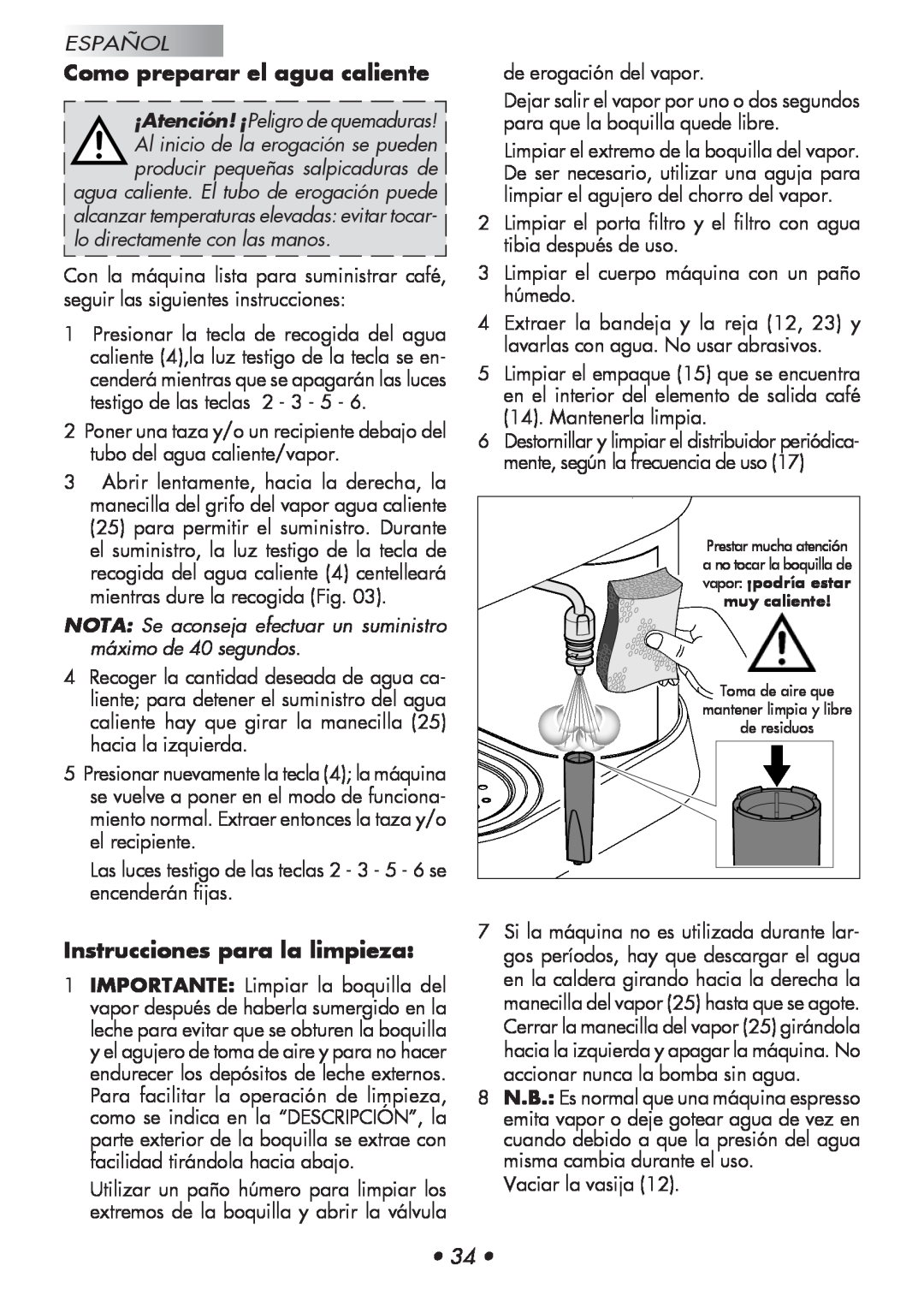 Gaggia 12300-8002, 14101-8002 manual Como preparar el agua caliente, Instrucciones para la limpieza, Español 