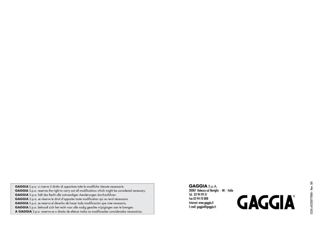 Gaggia 12300-8002, 14101-8002 manual GAGGIA S.p.A, Robecco sul Naviglio - MI - Italia Tel. 02 94 99 