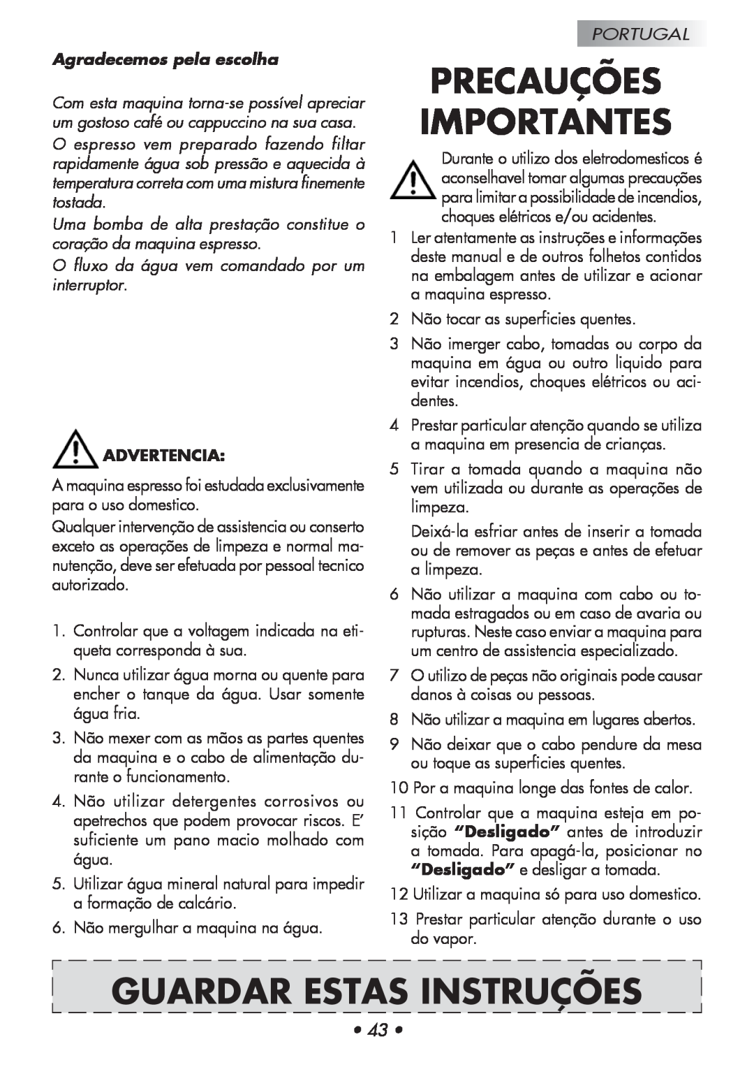 Gaggia 14101-8002 manual Precauções Importantes, Guardar Estas Instruções, Agradecemos pela escolha, Advertencia, Portugal 