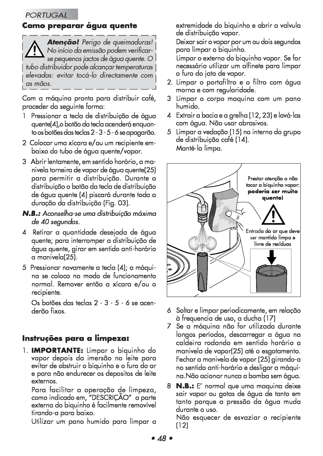 Gaggia 12300-8002, 14101-8002 manual Como preparar água quente, Instruções para a limpeza, Portugal 