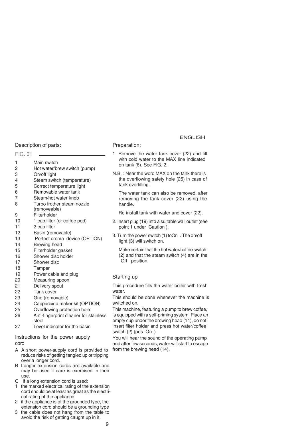 Gaggia 12300 manual Description of parts, Instructions for the power supply cord, Preparation, Starting up 