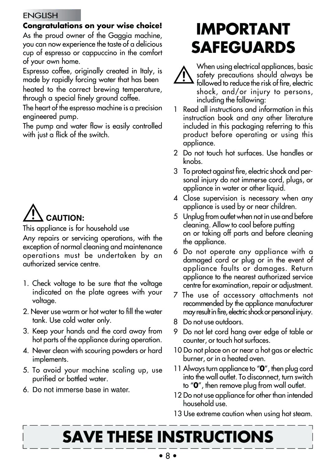 Gaggia 12700 manual Safeguards 