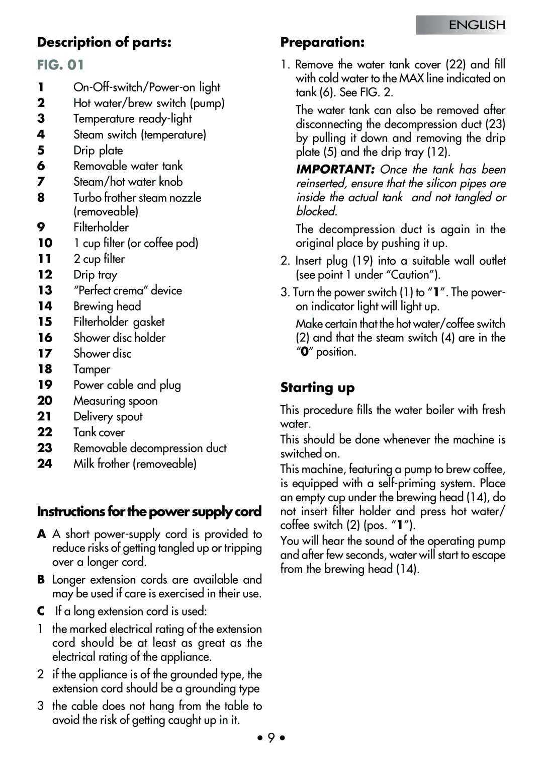 Gaggia 12700 manual Description of parts, Instructionsforthepowersupplycord, Preparation, Starting up 