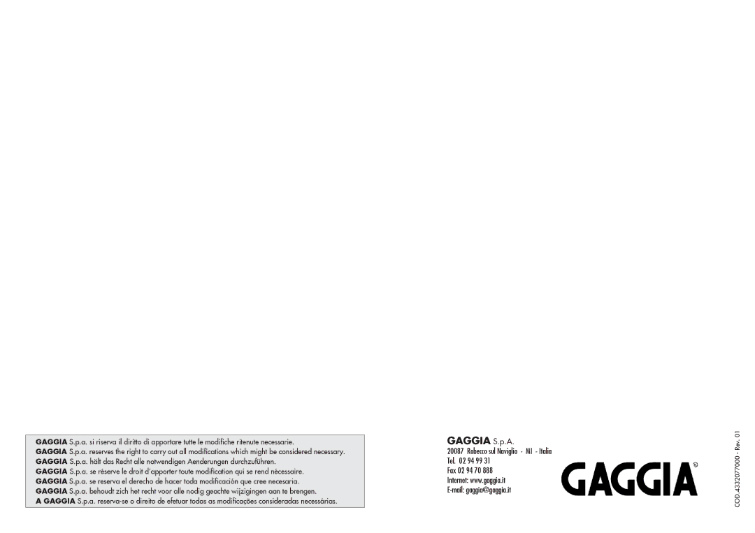 Gaggia 4332077000 operating instructions Gaggia S.p.A 