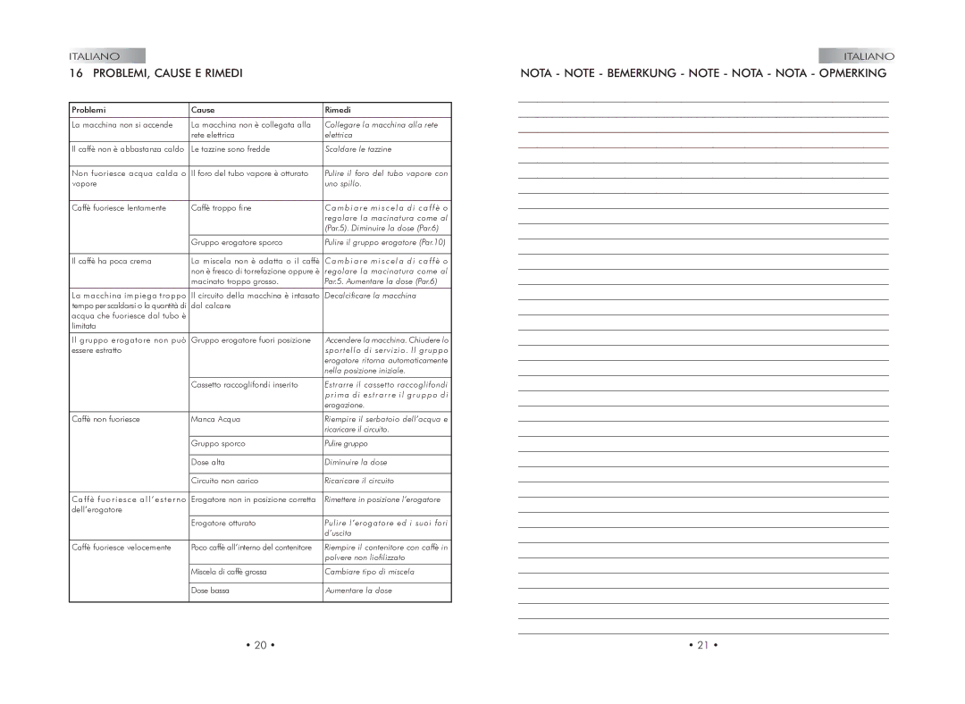 Gaggia 740602008 manual PROBLEMI, Cause E Rimedi, Nota Note Bemerkung Note Nota Nota Opmerking 