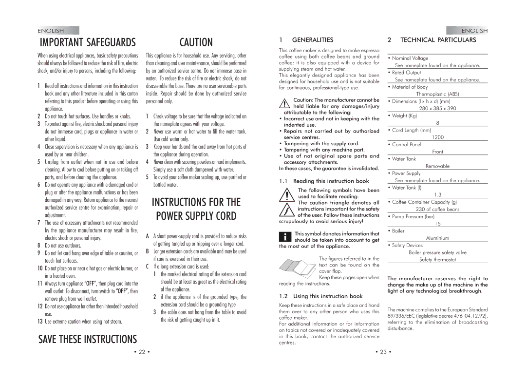 Gaggia 740602008 manual Generalities, Technical Particulars 