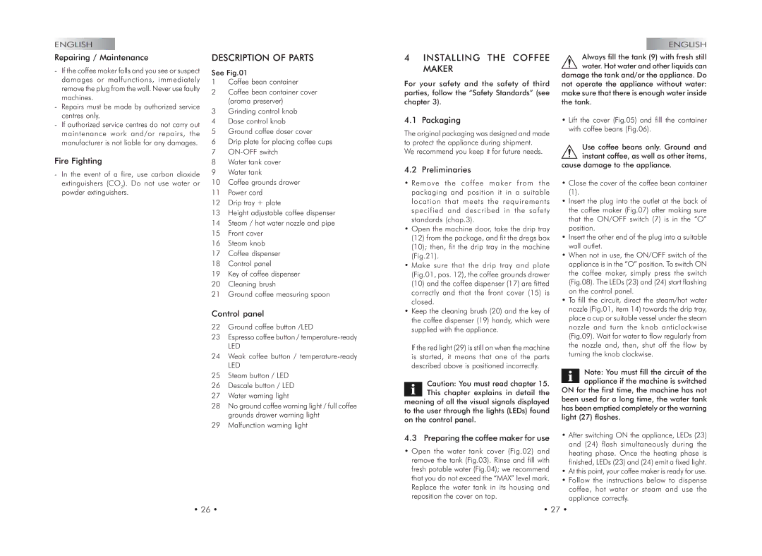 Gaggia 740602008 manual Description of Parts, Installing the Coffee Maker 