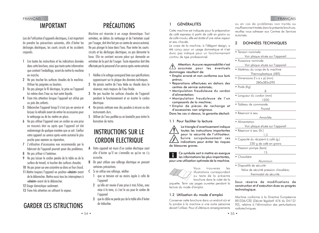 Gaggia 740602008 manual Généralités, Données Techniques 