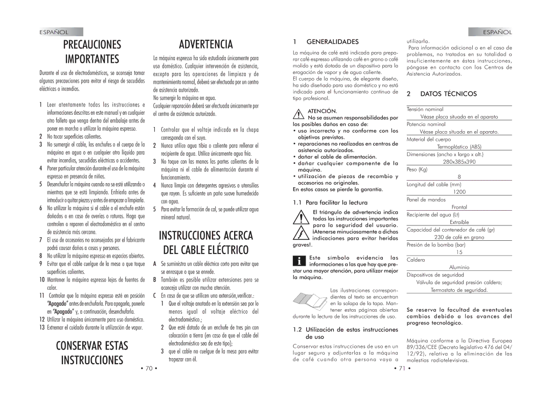 Gaggia 740602008 manual Generalidades, Datos Técnicos 