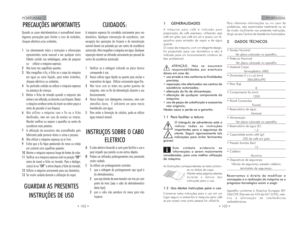 Gaggia 740602008 manual Dados Técnicos 