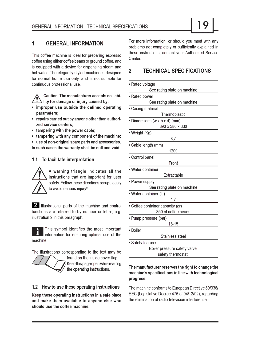 Gaggia 740903008 manual General Information Technical Specifications, To facilitate interpretation 