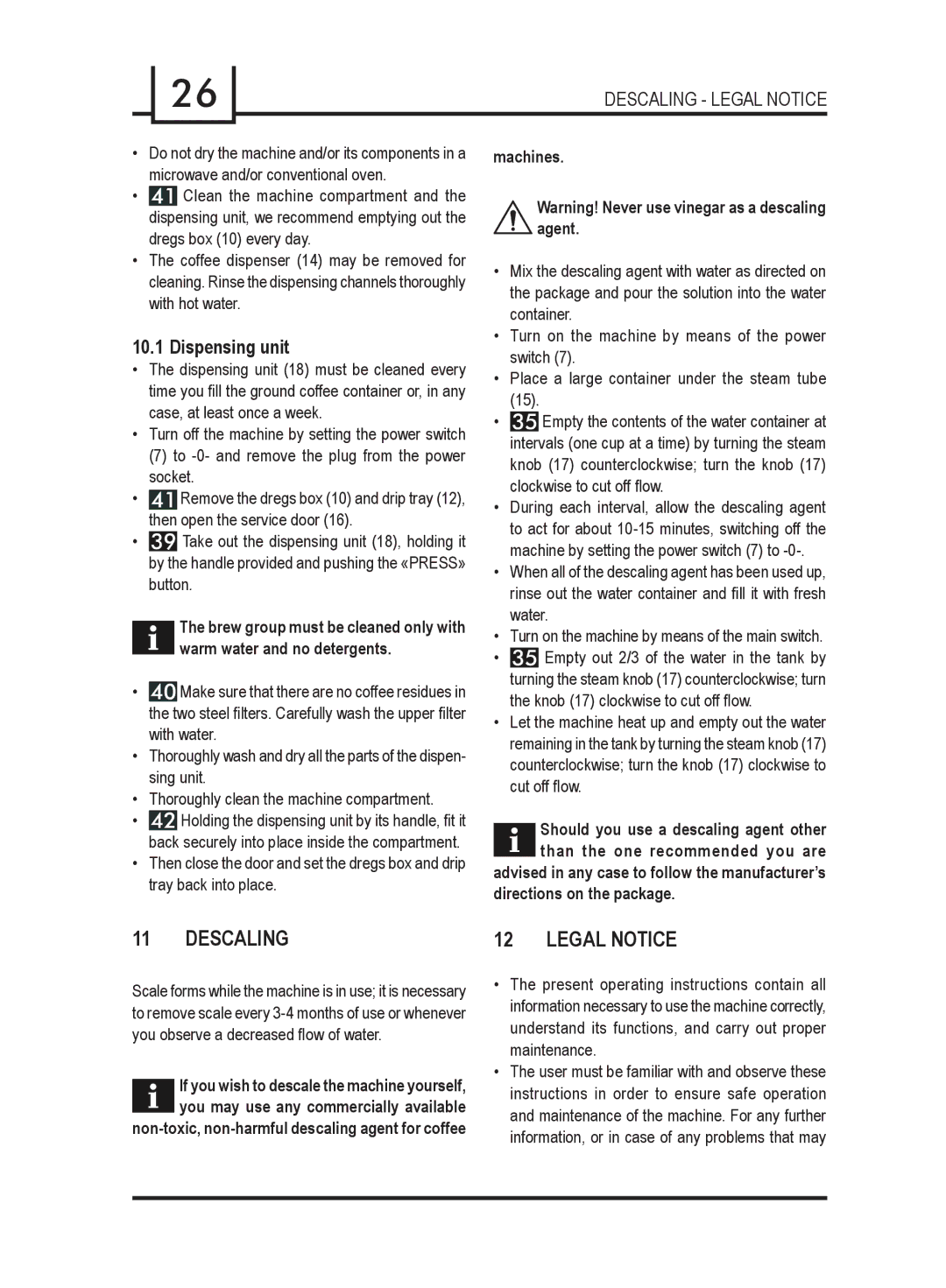 Gaggia 740903008 manual Descaling Legal Notice, Dispensing unit, Machines 