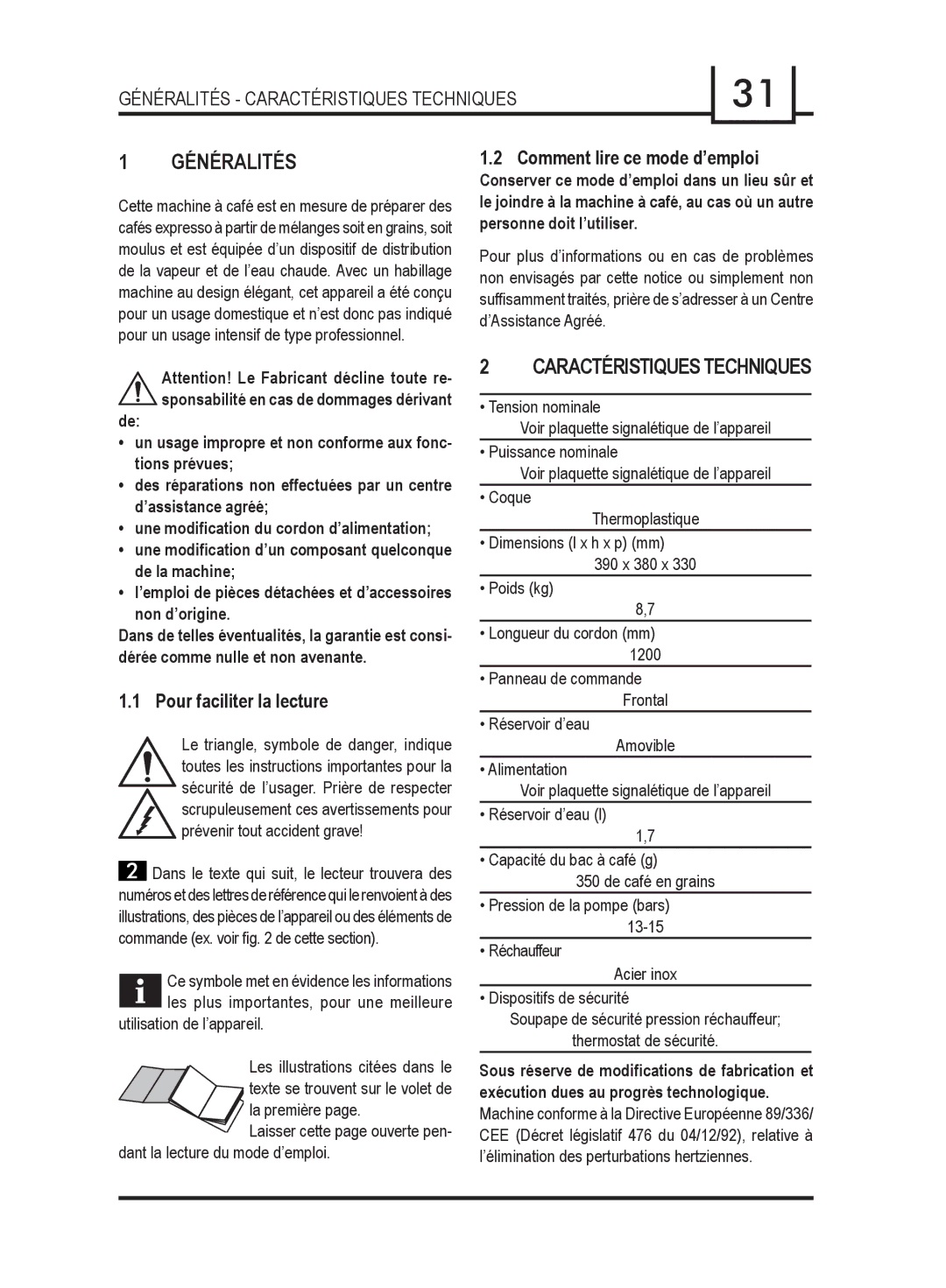 Gaggia 740903008 Généralités Caractéristiques Techniques, Comment lire ce mode d’emploi, Pour faciliter la lecture 