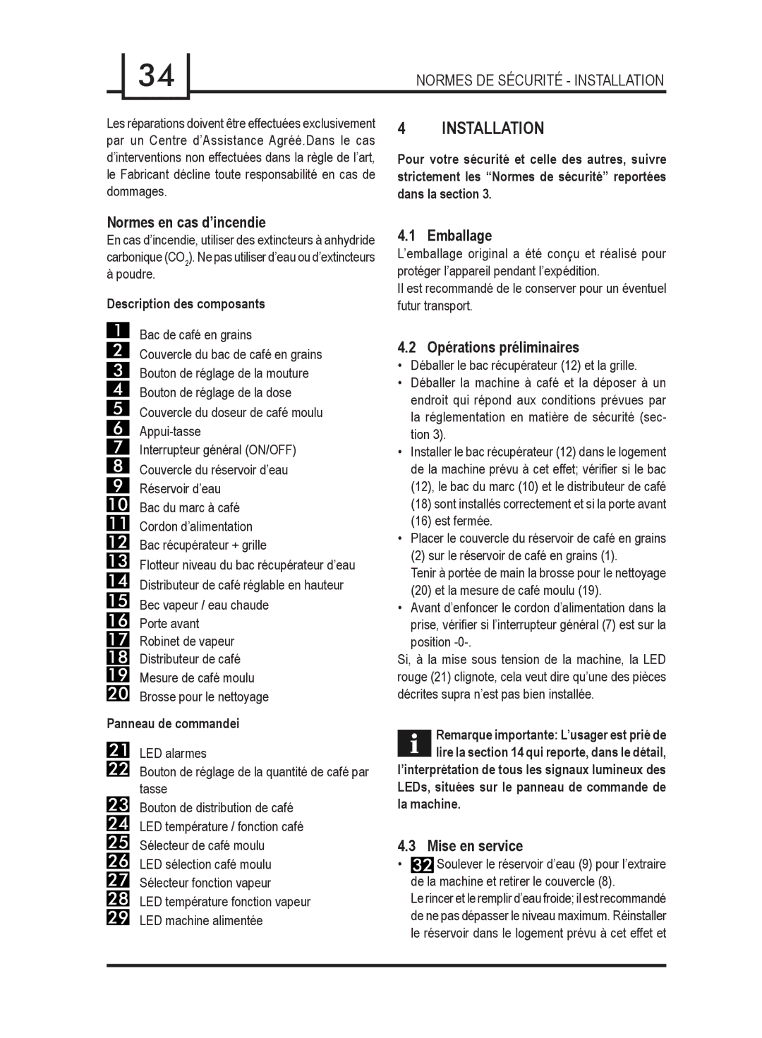 Gaggia 740903008 manual Normes DE Sécurité Installation, Normes en cas d’incendie, Emballage, Opérations préliminaires 