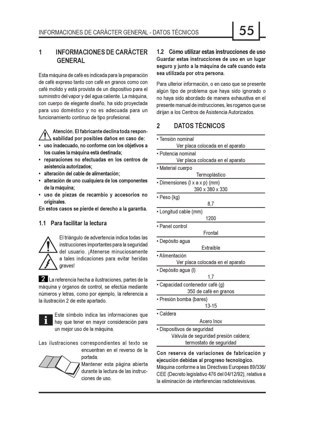 Gaggia 740903008 manual Informaciones DE Carácter General Datos Técnicos, Para facilitar la lectura 