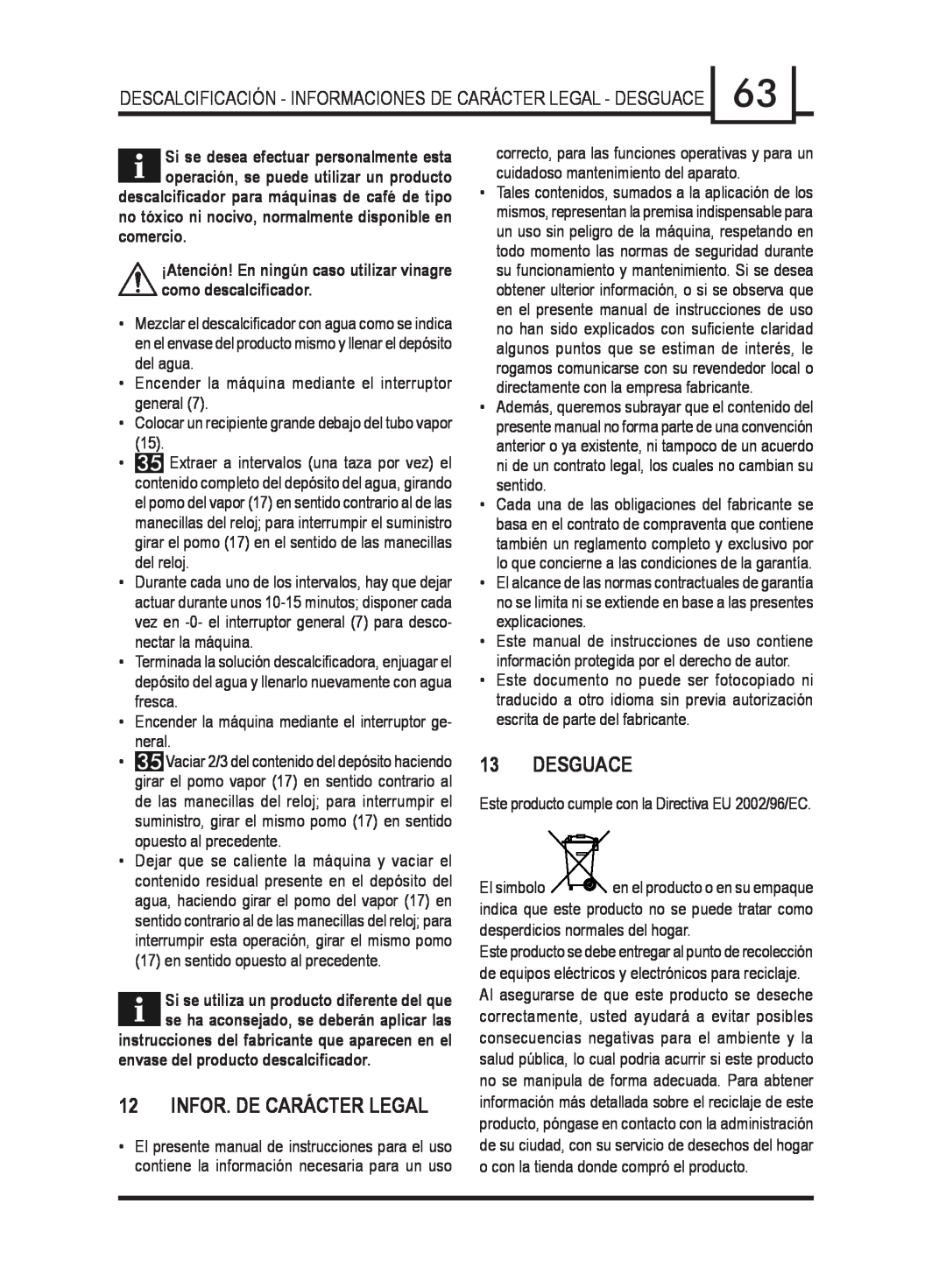 Gaggia 740903008 manual Infor. De Carácter Legal, Desguace, envase del producto descalciﬁcador 