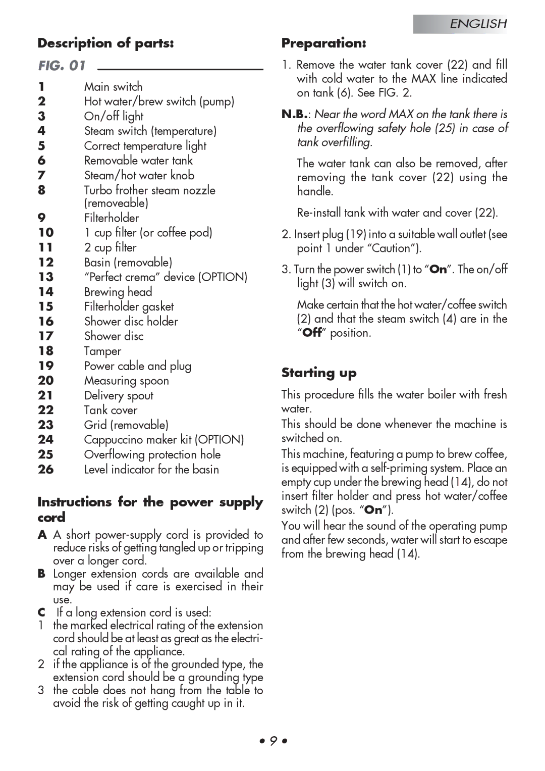 Gaggia Baby manual Description of parts, Instructions for the power supply cord, Preparation, Starting up 