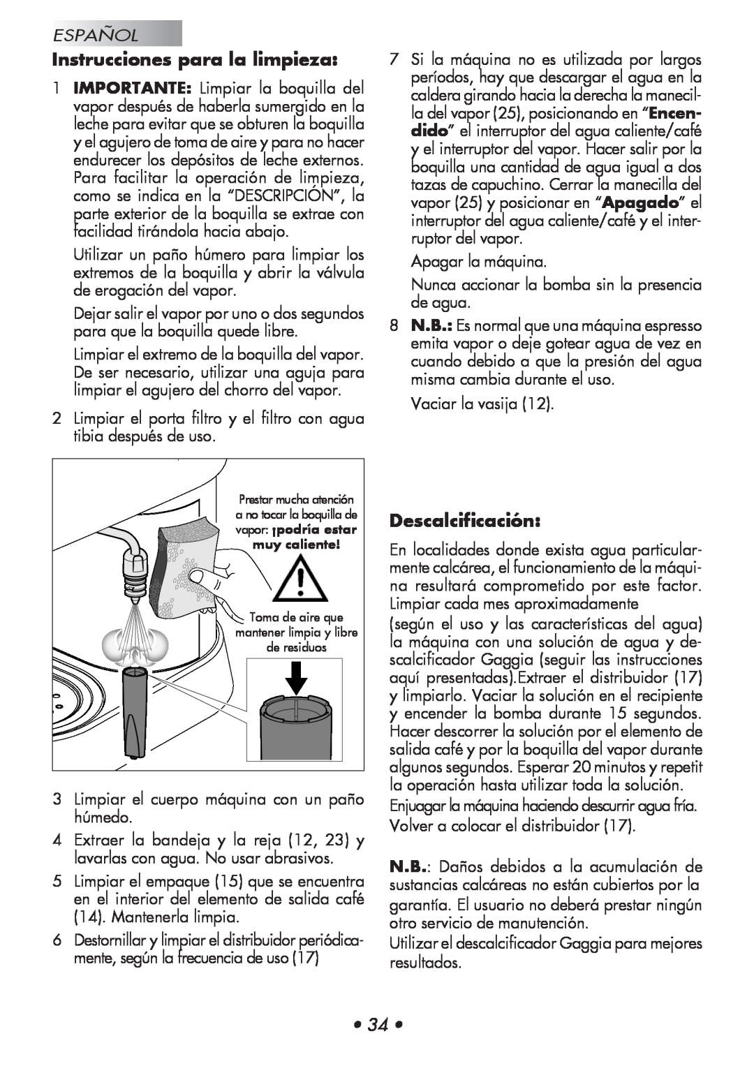Gaggia Baby manual Instrucciones para la limpieza, Descalcificación, Español 