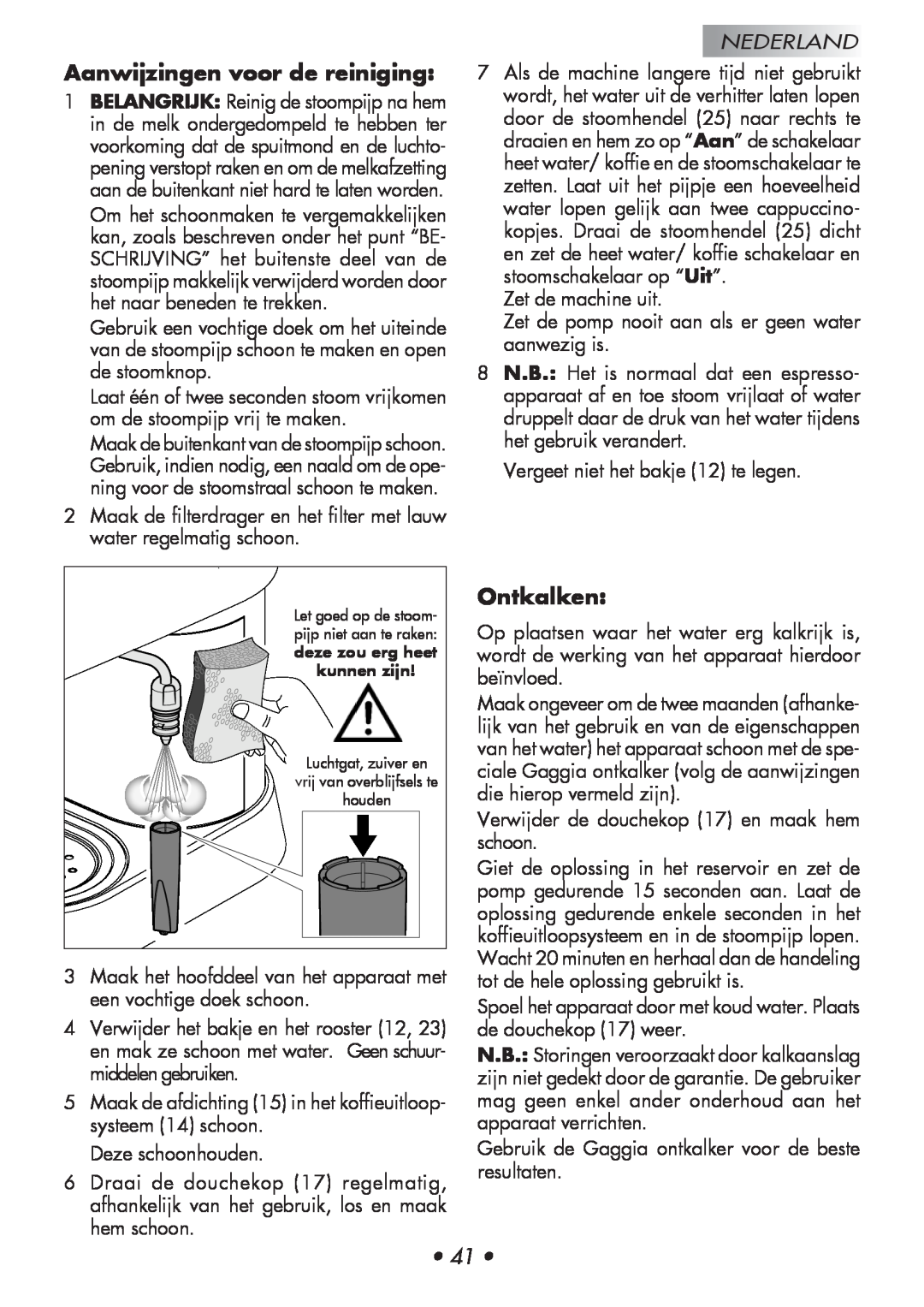 Gaggia Baby manual Aanwijzingen voor de reiniging, Ontkalken, Nederland 