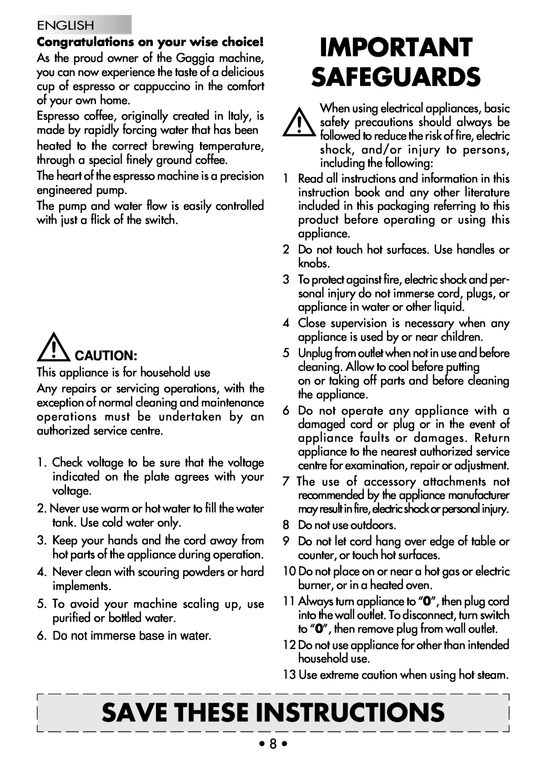 Gaggia COFFEE DELUXE manual Safeguards, Save These Instructions 