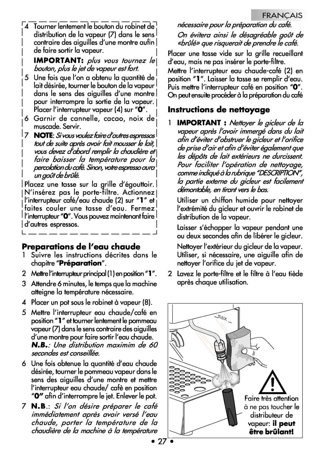 Gaggia COFFEE DELUXE manual Instructions de nettoyage, Preparations de l’eau chaude 