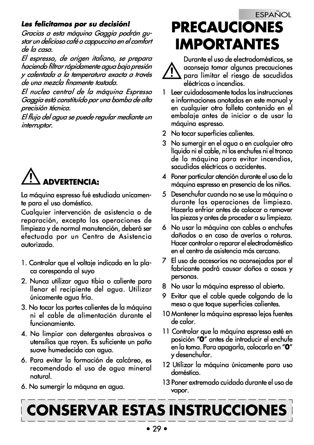 Gaggia COFFEE DELUXE manual Precauciones Importantes, Conservar Estas Instrucciones, Advertencia 