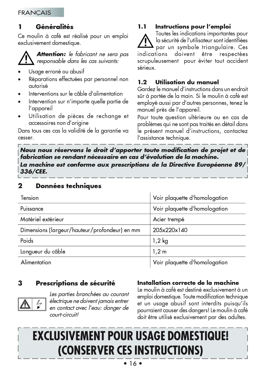 Gaggia Coffee Grinder Mod. MM Steel Généralités, Données techniques, Prescriptions de sécurité, Utilisation du manuel 