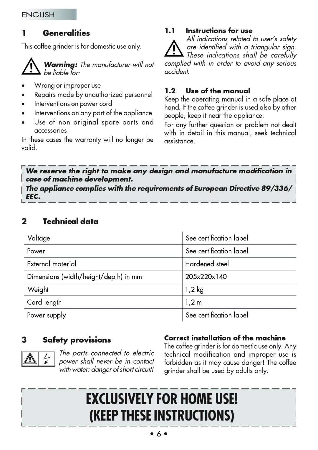 Gaggia Coffee Grinder Mod. MM Steel manual Generalities, Technical data, Safety provisions, Instructions for use 