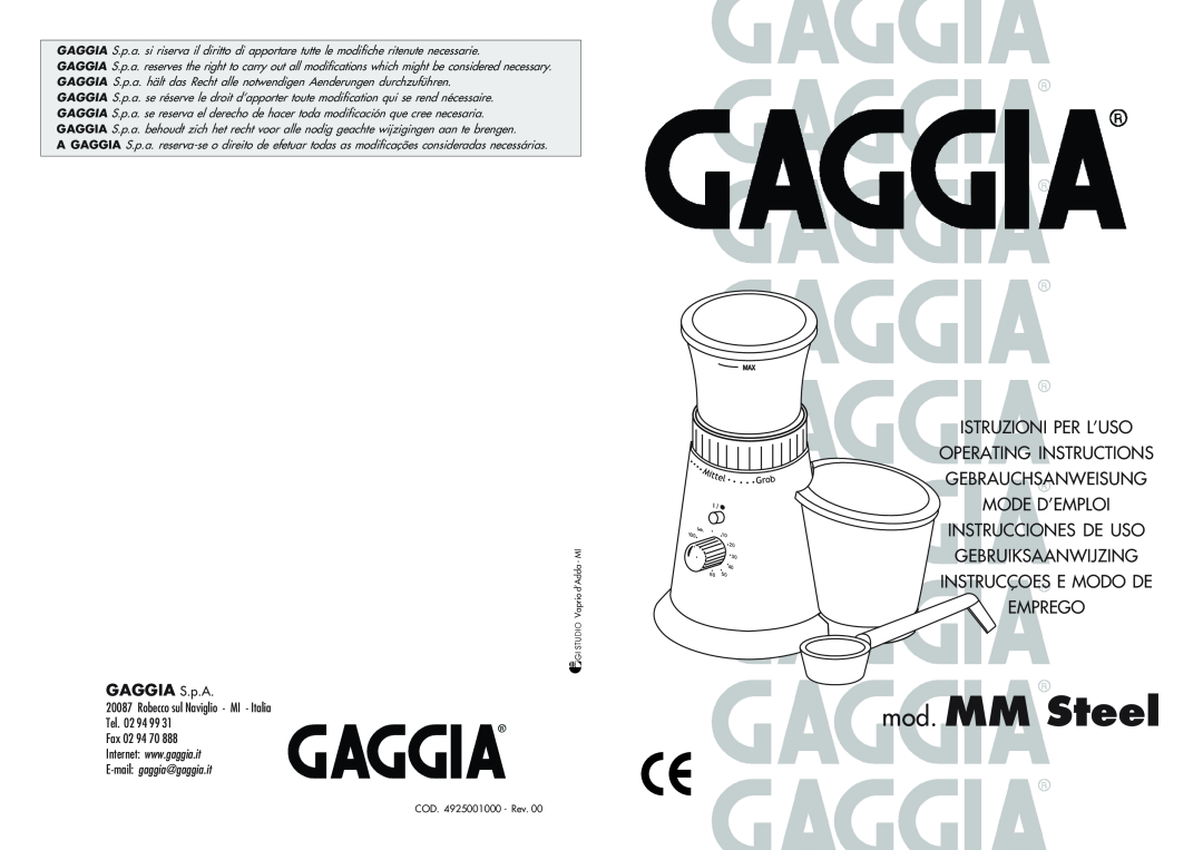 Gaggia Coffee Grinder Mod. MM Steel manual mod. MM Steel, Istruzioni Per L’Uso, 1 S.p.A 