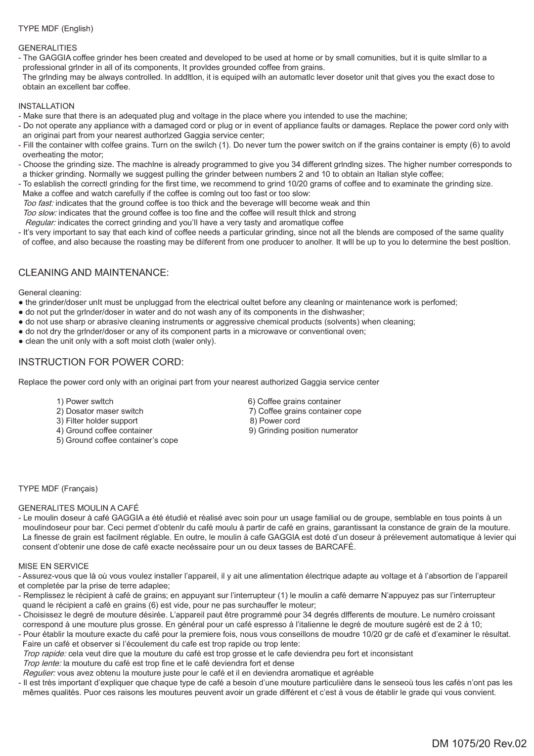 Gaggia DM 1075/20, 8002, MYUSA013 manual Cleaning and Maintenance, Instruction for Power Cord 